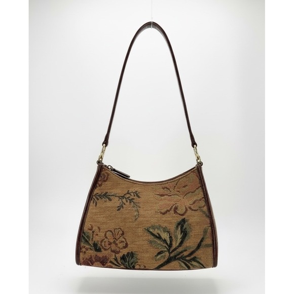 Liz Claiborne Handbags - Liz Claiborne‎ Brown & Lt Tan Floral Tapestry Fabric Leather Trim Gold Thread